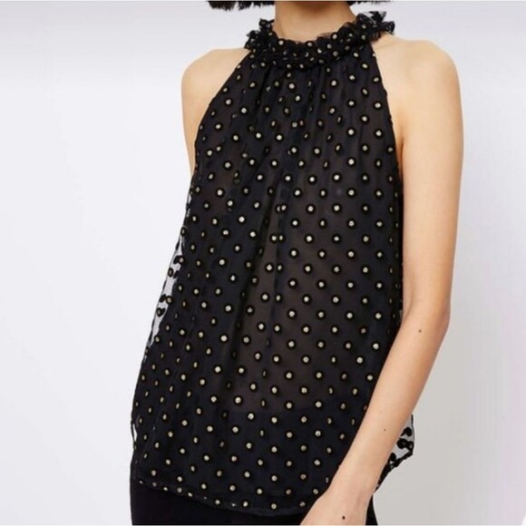 LOFT Metalilic Polka Dot Ruffle High Neck Sleeveless Mesh Shell Blouse Medium - Picture 1 of 10